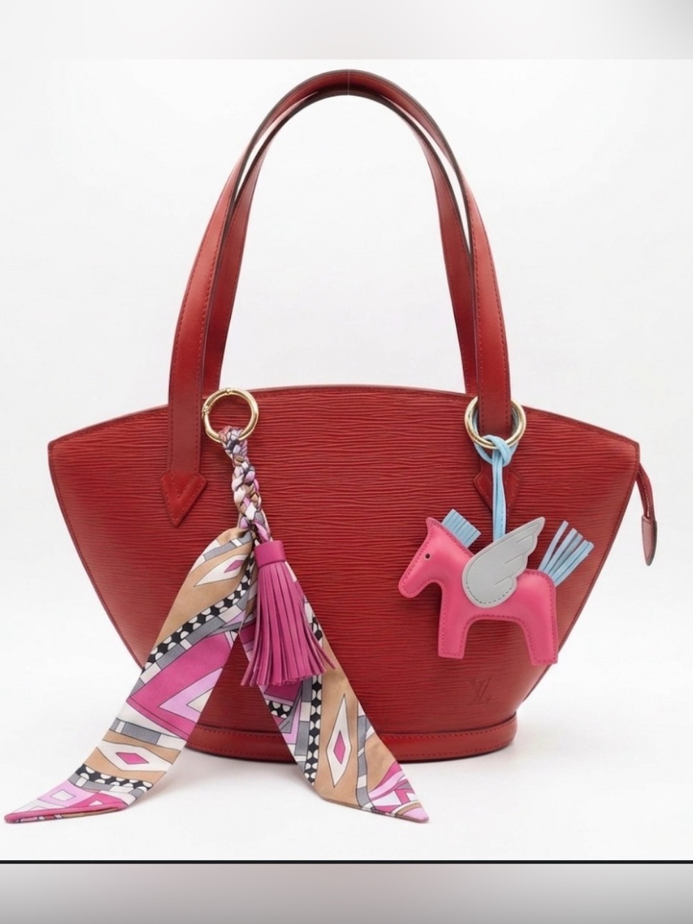 Louis Vuitton Red Leather Shoulder Bag with Pink Charm